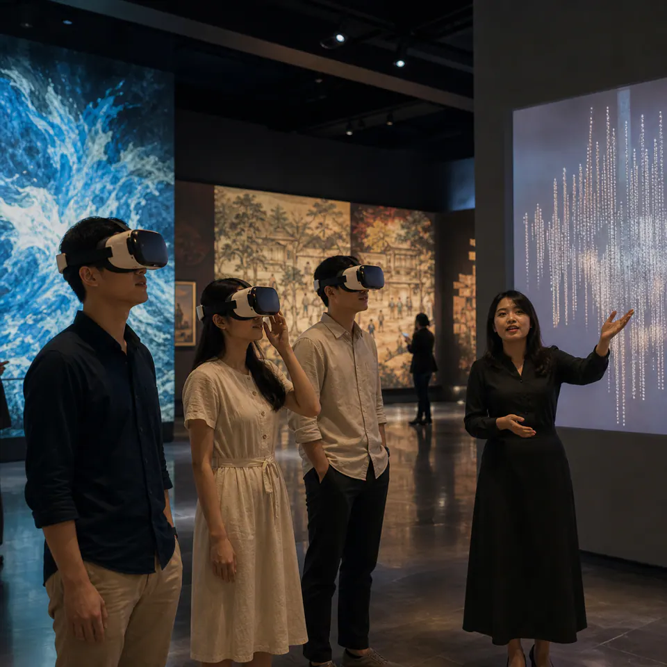 Khách tham quan triển lãm nghệ thuật bằng kính VR trong gallery.
