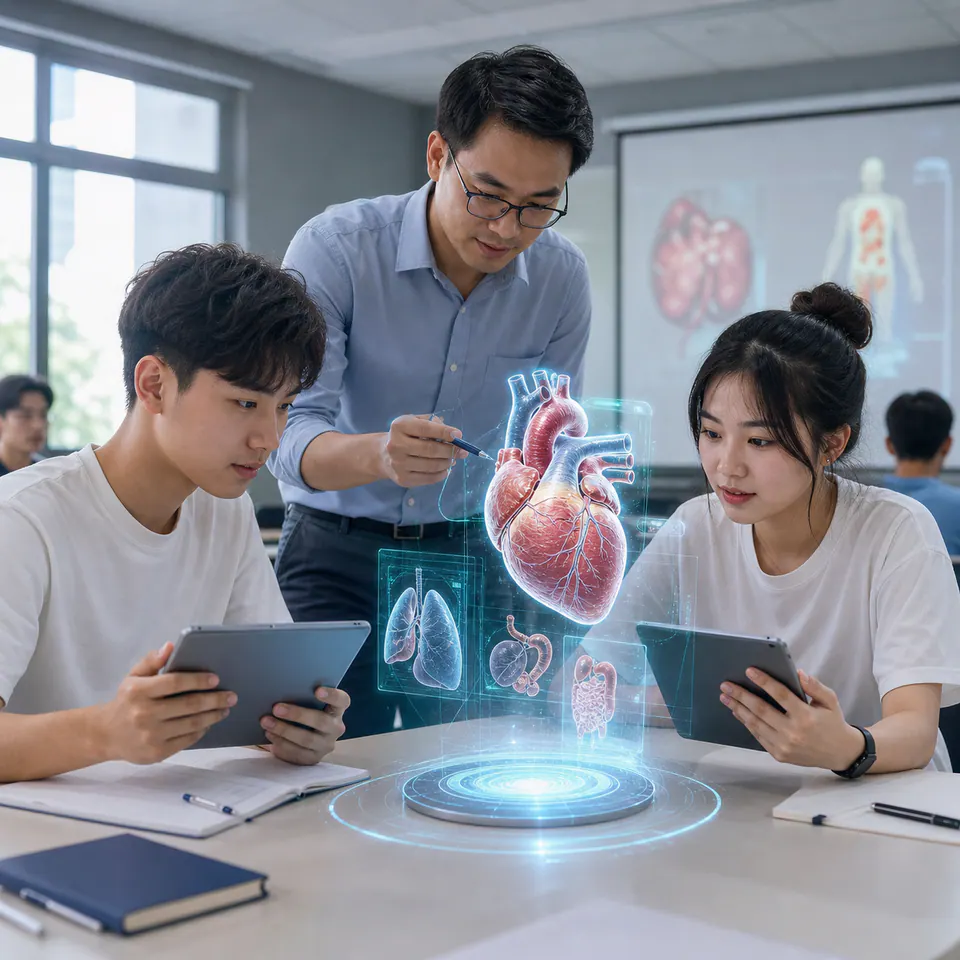 Sinh viên dùng máy tính bảng để học giải phẫu với mô hình AR trong lớp học.
