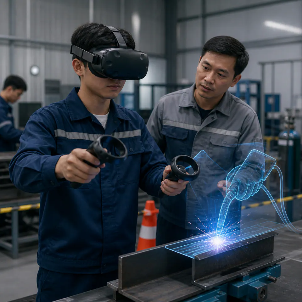 Học viên đeo kính VR thực hành mô phỏng đào tạo nghề trong phòng lab.