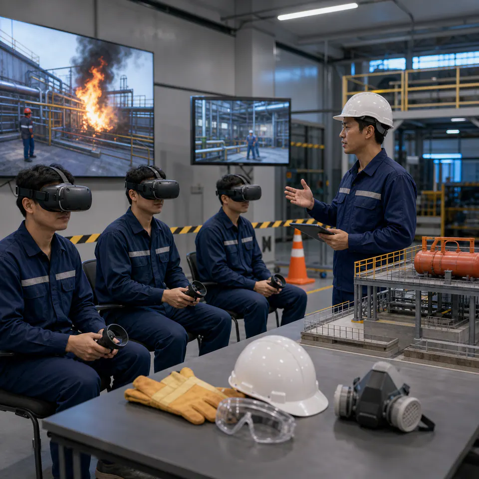 Công nhân thực hành đào tạo an toàn nhà máy bằng VR.