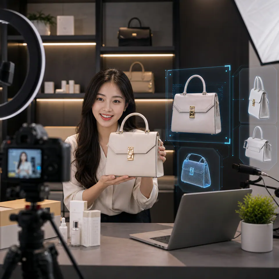 Người bán livestream sản phẩm với mô hình 3D tương tác trong studio.