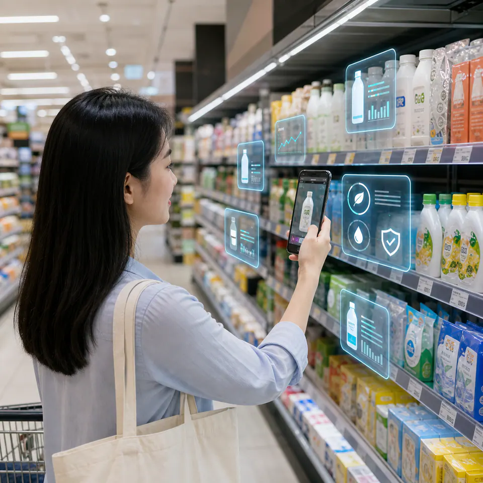 Người mua dùng điện thoại xem lớp thông tin AR trên kệ hàng bán lẻ.